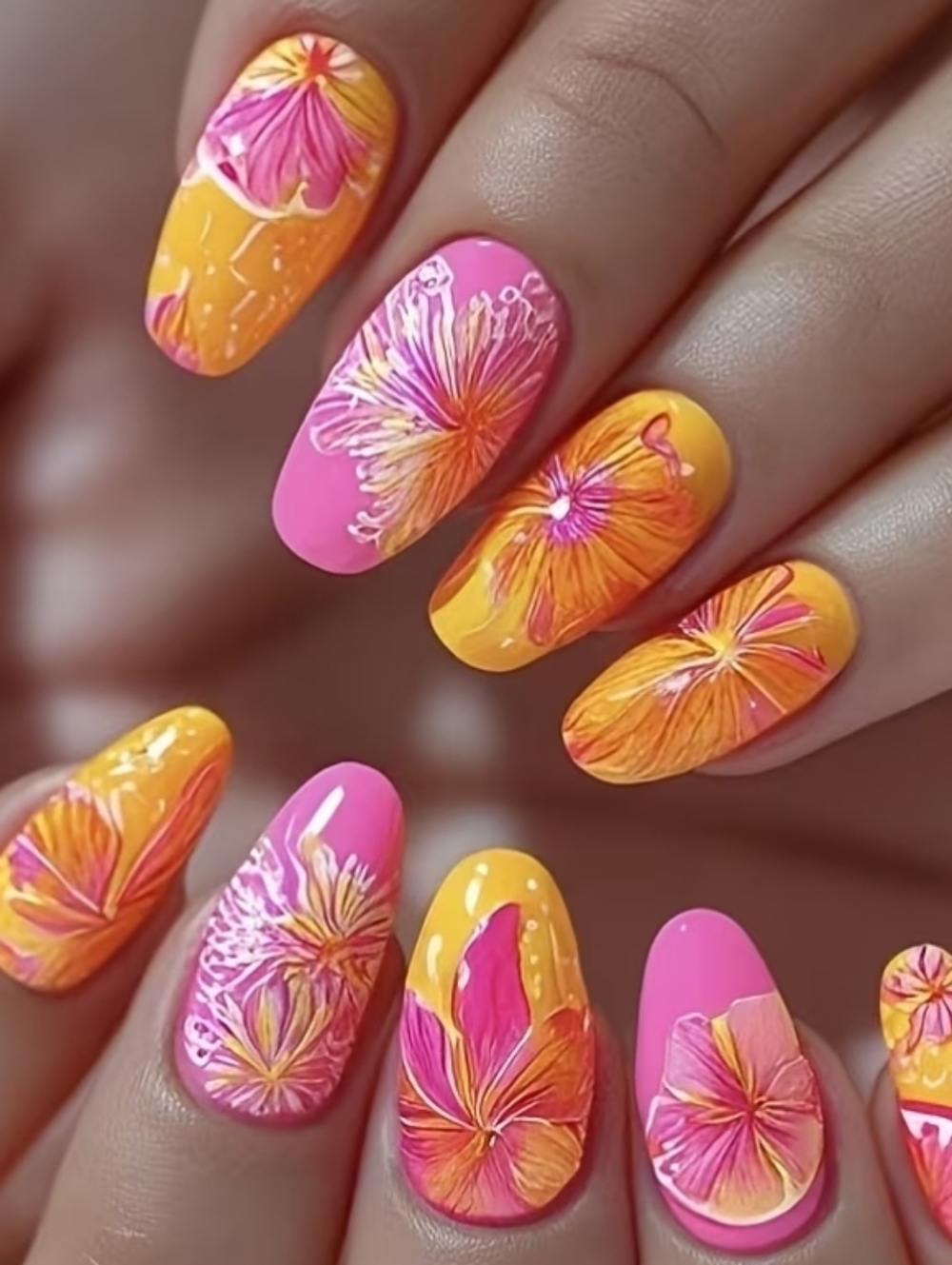 Tropical Floral Pink & Orange Press-On Nails